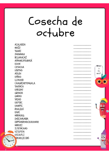 Sopa de Letras y Palabras Mezcladas de la Cosecha de Octubre