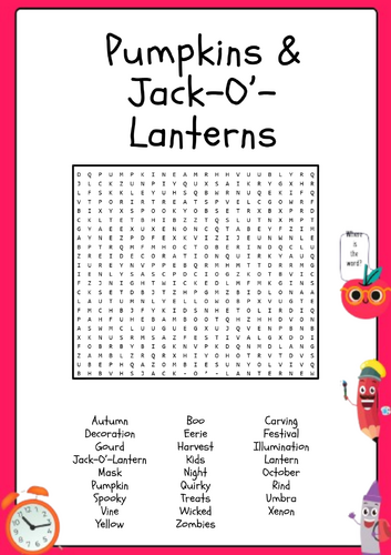 Pumpkins & Jack-O’-Lanterns Word Search Puzzle Activity Worksheet