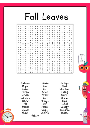 Fall Leaves Word Search Puzzle  Activity Worksheet