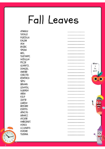 Fall Leaves Word Scramble Puzzle Activity Worksheet