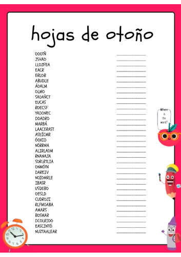 Hoja de trabajo con actividad de rompecabezas de palabras en español sobre hojas de otoño