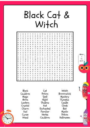 Black Cat Witch Word Search Puzzle Activity Worksheet