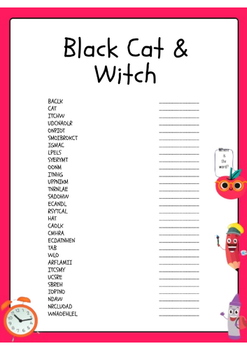 Black Cat Witch Word Scramble Puzzle Activity Worksheet