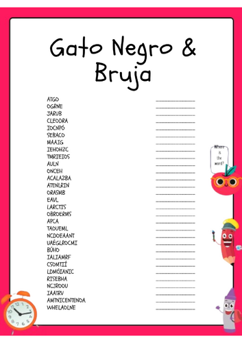 Sopa de Letras y Juego de Palabras Revuelta de Gato Negro y Bruja