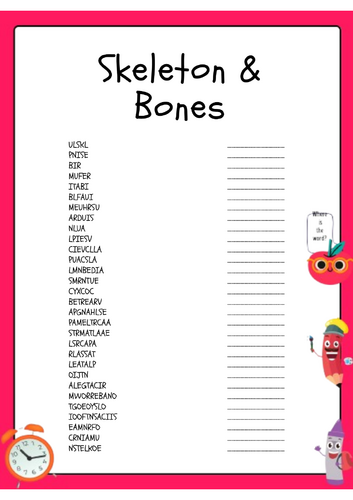 Skeleton & Bones Word Scramble Activity Worksheet