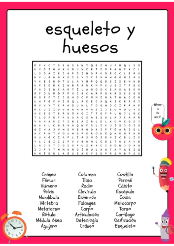 Hoja de trabajo de búsqueda de palabras de esqueleto y huesos