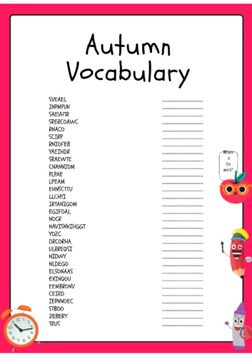 Autumn Vocabulary  Word Scramble Puzzle Activity Worksheet
