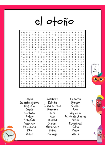 Hoja de trabajo con actividades de búsqueda de palabras y vocabulario de otoño