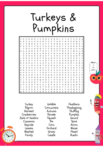 Turkeys & Pumpkins Word Search Puzzle Activity Worksheet
