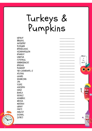 Turkeys & Pumpkins Word Scramble Activity Worksheet