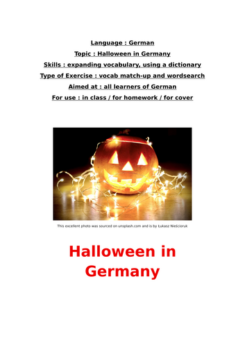 German, Halloween in Germany, worksheet, vocab match-up and word search, for all learners of German