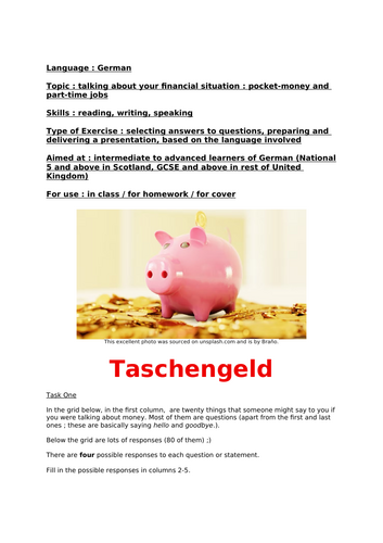 German pocket-money part-time jobs worksheet