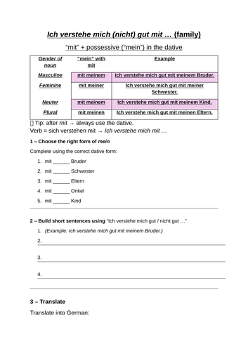 sich verstehen mit + weil worksheet