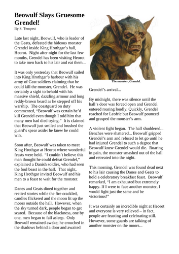 Y56 Newspaper report example text Beowulf Slays Gruesome Grendel