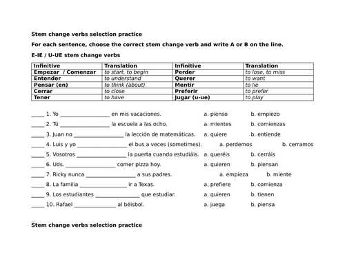 Stem change verbs selection practice (Present tense)