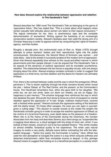 The Handmaid's Tale: Opression and Rebellion Exemplar Essay
