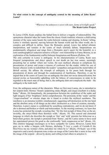 John Keats: Ambiguity in Lamia Exemplar Essay