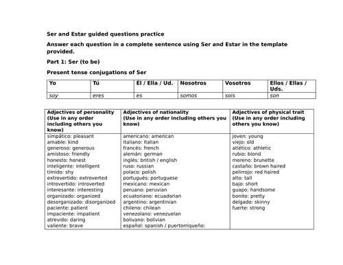 Ser and Estar guided questions practice