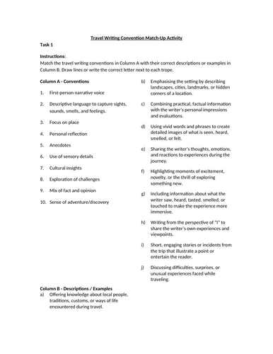 Travel Writing Conventions Worksheet