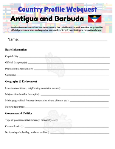 Country Profiles: Antigua and Barbuda Webquest Worksheet