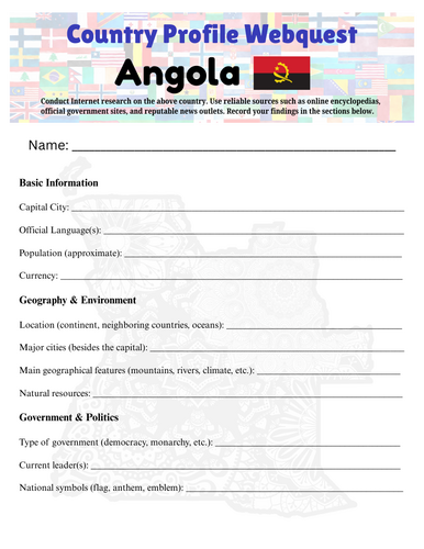 Country Profiles: Angola Webquest Worksheet