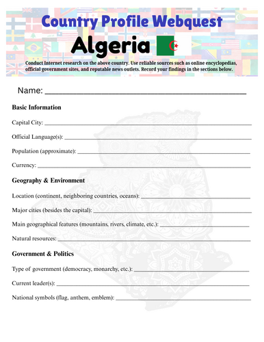 Country Profiles: Algeria Webquest Worksheet