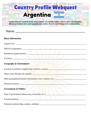 Country Profiles: Argentina Webquest Worksheet