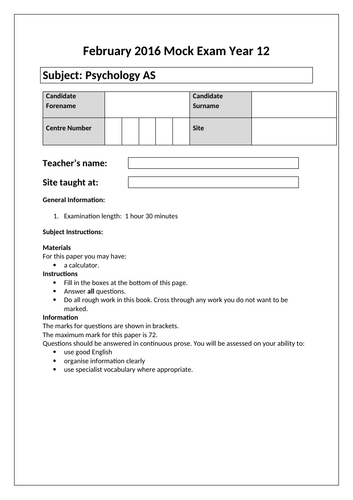 Year 12 Psychology paper 1 question paper only