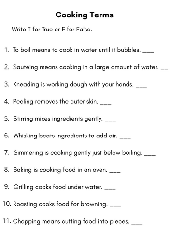 Comprehensive Description of the Cooking Terms Worksheets