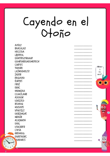 Spanish Falling into Autumn Word Scramble Puzzle