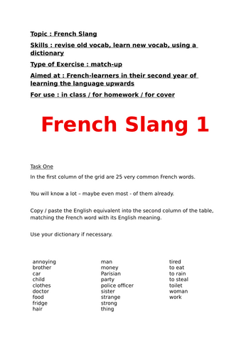 French, French Slang (1), worksheet for learners of French in second year upwards