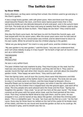 Oscar Wilde - The Selfish Giant, 2026 AQA new English language paper 1 style