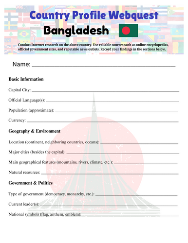 Country Profiles: Bangladesh Webquest Worksheet