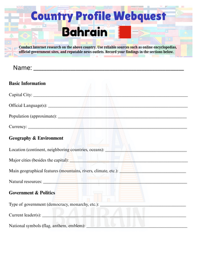 Country Profiles: Bahrain Webquest Worksheet