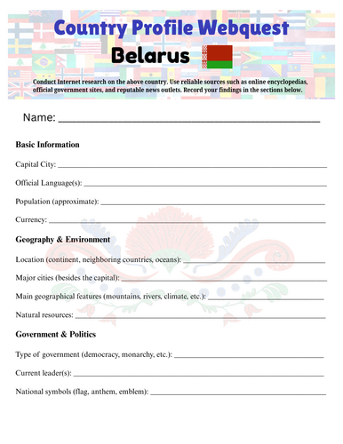 Country Profiles: Belarus Webquest Worksheet