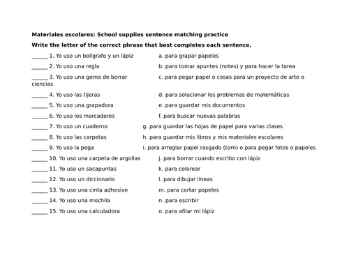 Materiales escolares: School supplies sentence matching practice