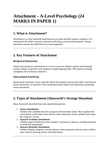 Attachment revision notes for exam - A Level Psychology AQA - Paper 1