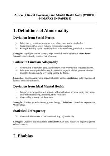 Clinical Psychology and Mental Health exam revision notes - A Level Psychology - Paper 1 AQA