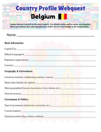 Country Profiles: Belgium Webquest Worksheet