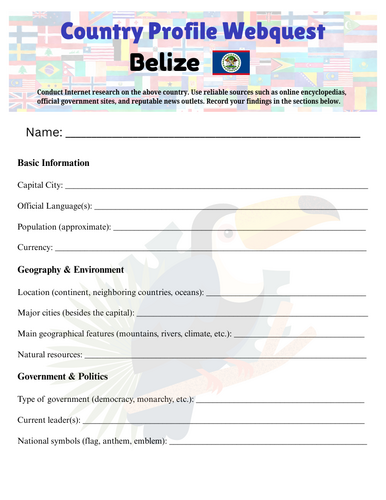 Country Profiles: Belize Webquest Worksheet