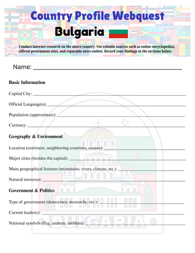 Country Profiles: Bulgaria Webquest Worksheet