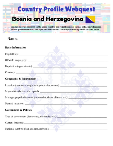 Country Profiles: Bosnia and Herzegovina Webquest Worksheet