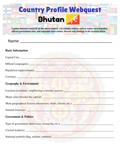 Country Profiles: Bhutan Webquest Worksheet