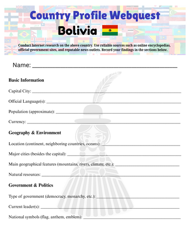 Country Profiles: Bolivia Webquest Worksheet