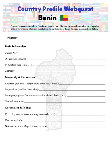 Country Profiles: Benin Webquest Worksheet