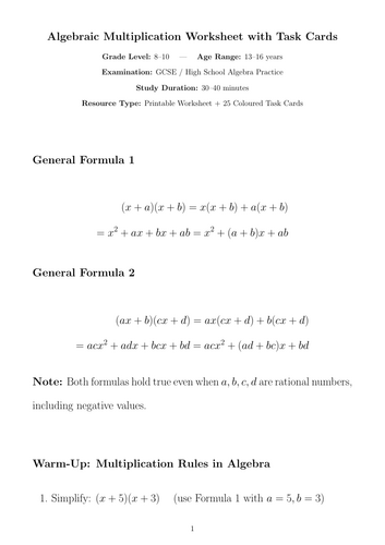 Algebraic Multiplication Worksheet with Task Cards