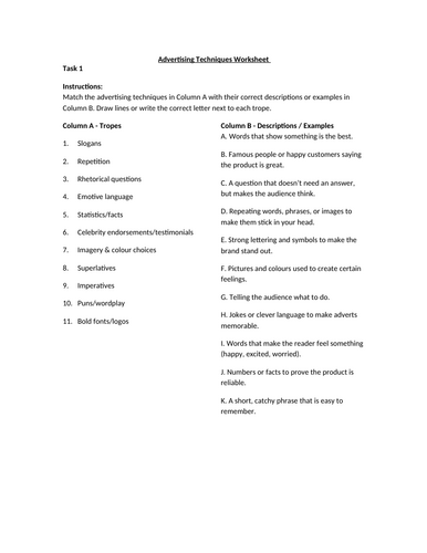 Advertising Techniques Worksheet