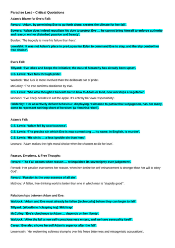 A-Level English Literature: PARADISE LOST CRITICAL QUOTE BANK