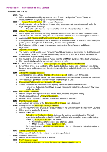 A-Level English Literature: PARADISE LOST HISTORICAL/SOCIAL CONTEXT