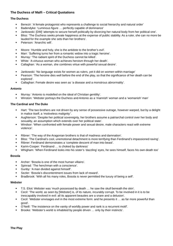 A-Level English Literature: THE DUCHESS OF MALFI CRITICAL QUOTE BANK